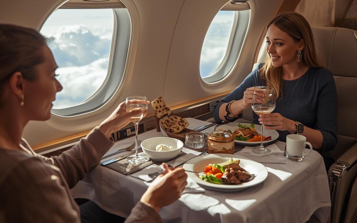 A beautifully plated gourmet meal on a private jet